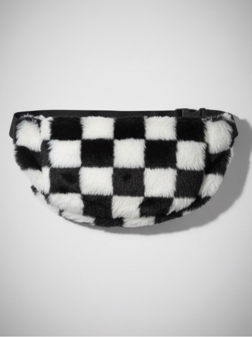 Faux Fur Checkerboard Crossbody Belt Bag - Black‎ & White